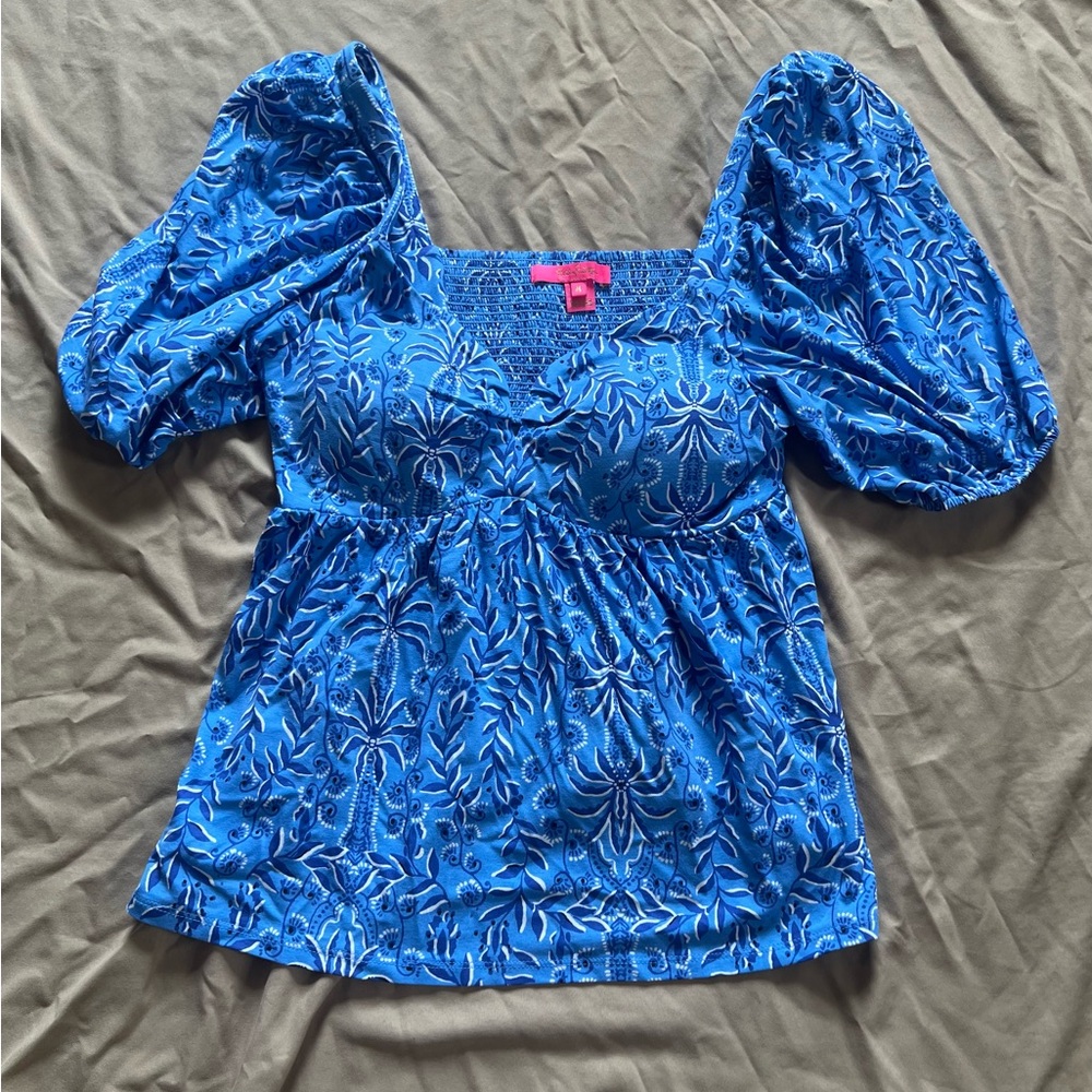 Sugar Royal Blue Embroidered Puff Sleeve Blouse
